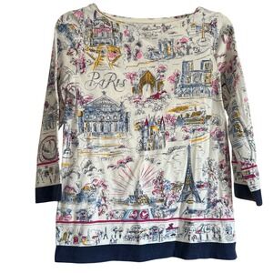 Talbots Womens Parisian Scene Graphic Print Long Sleeve Tee Shirt S Paris Travel